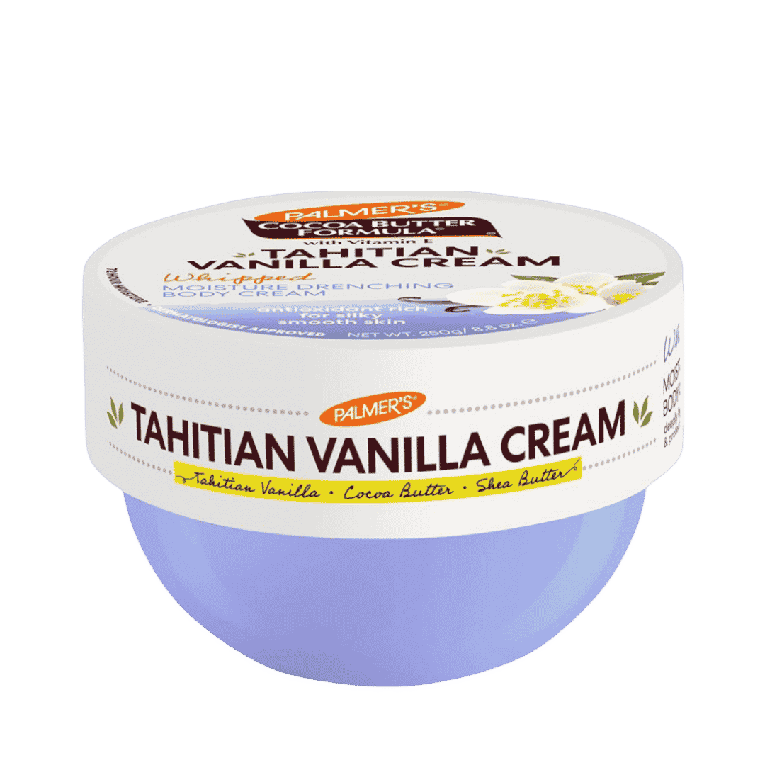 Palmer’s Tahitian Vanilla body cream, 250 g white and lavender jar with vanilla flower graphics.