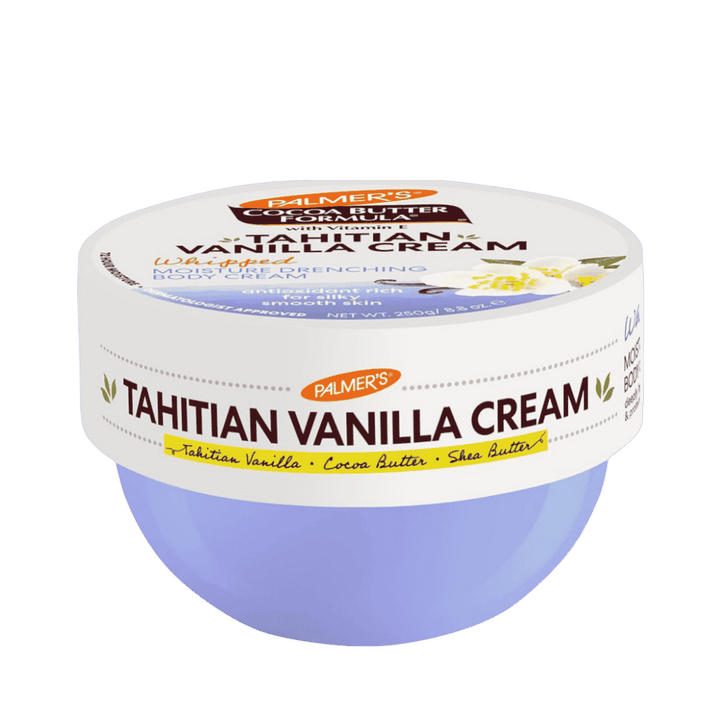 Palmer’s Tahitian Vanilla body cream, 250 g white and lavender jar with vanilla flower graphics.