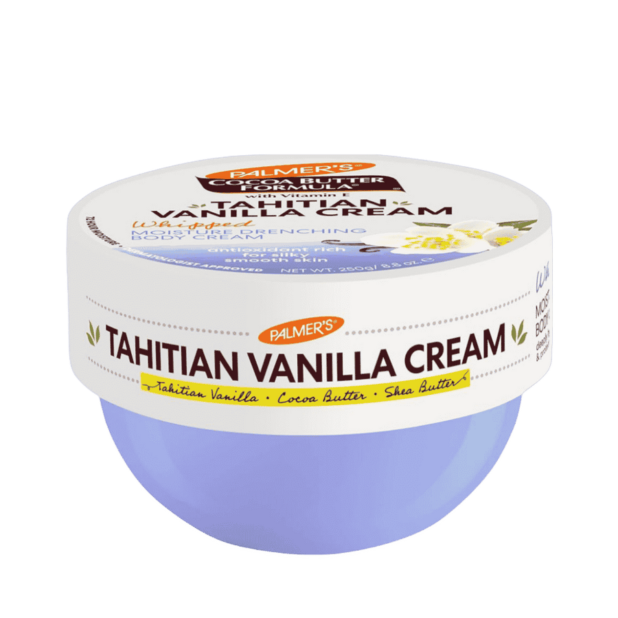 Palmer’s Tahitian Vanilla body cream, 250 g white and lavender jar with vanilla flower graphics.