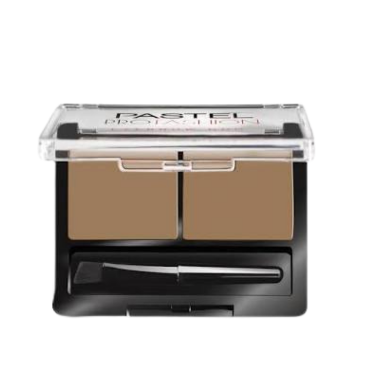 Pastel Eyebrow Duo, 6g, black compact with two brown eyebrow pans, clear lid and applicator brush.