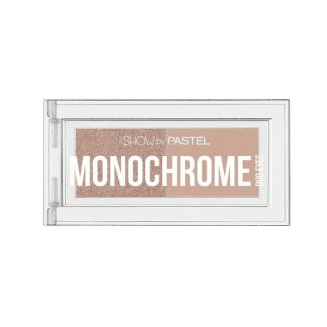 Pastel Monochrome Duo Eyes eyeshadow palette, 2x1.3g, with matte beige and shimmering taupe shades in clear compact.