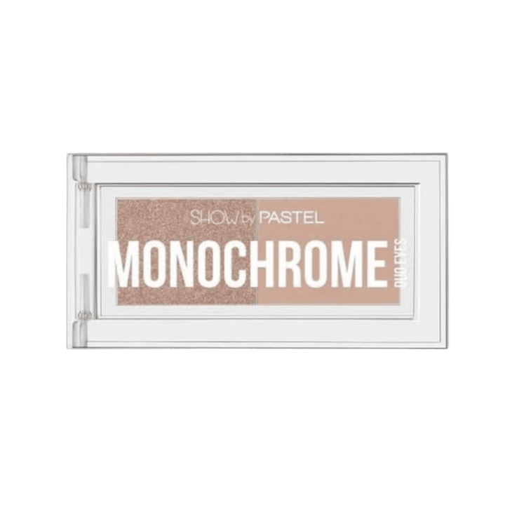Pastel Monochrome Duo Eyes eyeshadow palette, 2x1.3g, with matte beige and shimmering taupe shades in clear compact.