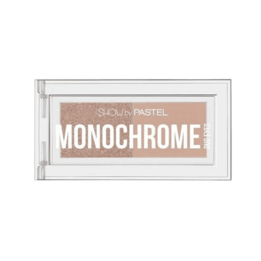 Pastel Monochrome Duo Eyes eyeshadow palette, 2x1.3g, with matte beige and shimmering taupe shades in clear compact.