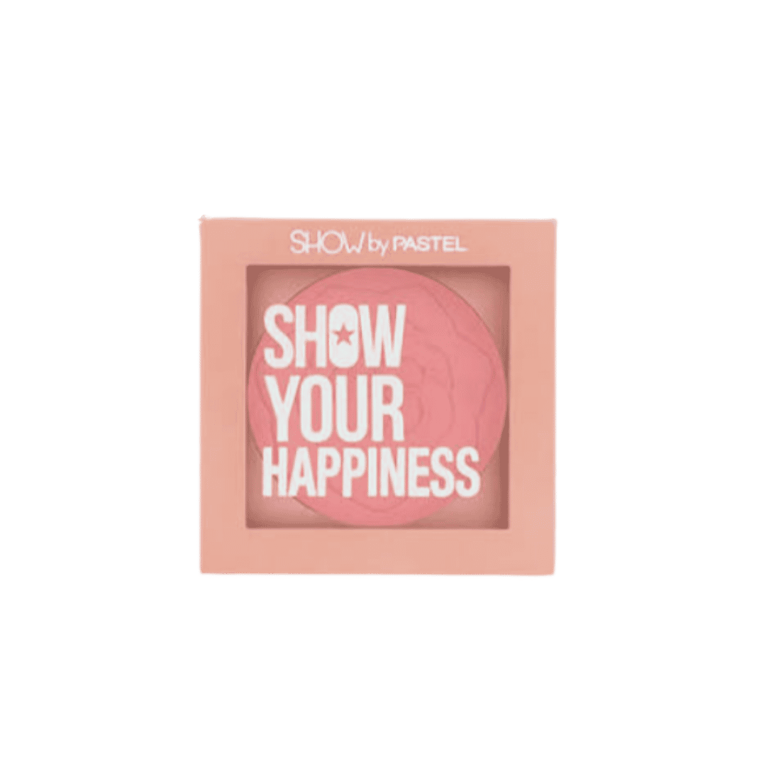 Show by Pastel Show Your Happiness blush in pink compact, peach square packaging with clear window.
