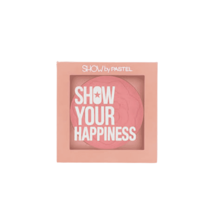 Show by Pastel Show Your Happiness blush in pink compact, peach square packaging with clear window.