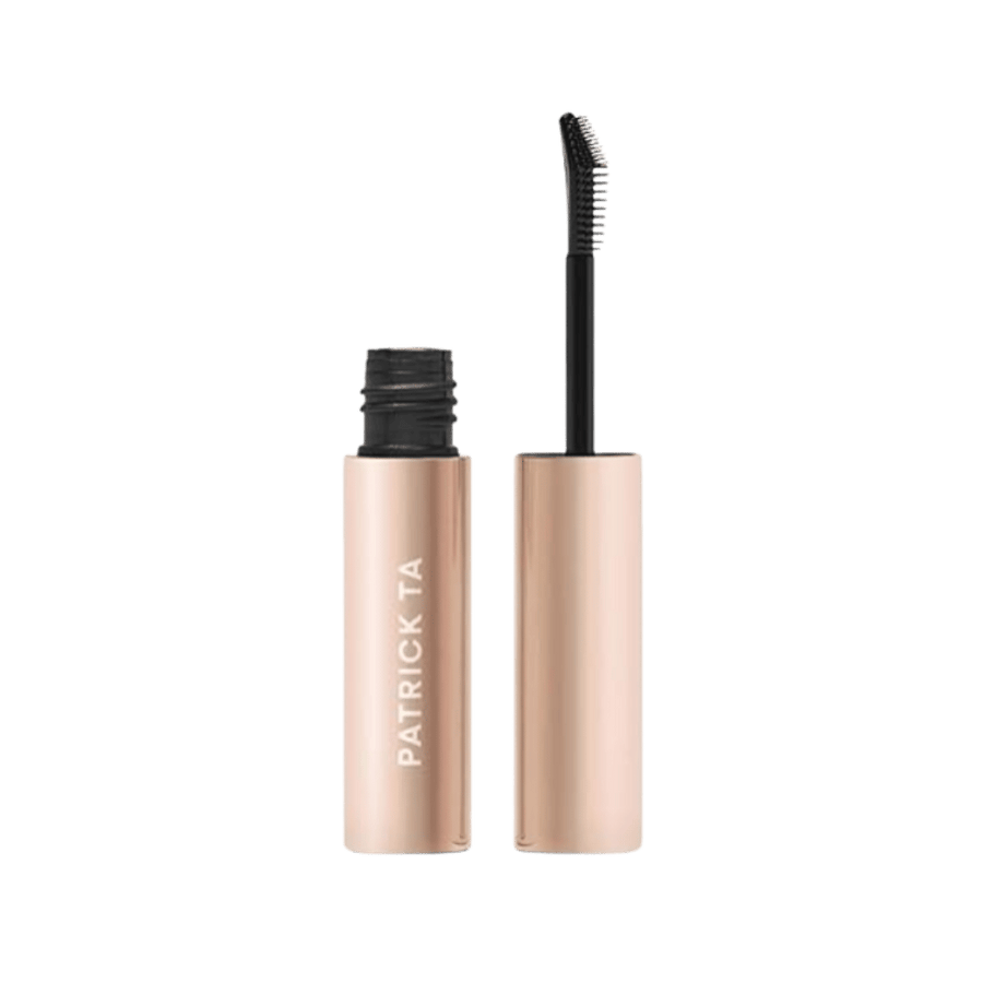 Patrick Ta brow mascara in rose gold tube with open black curved applicator wand