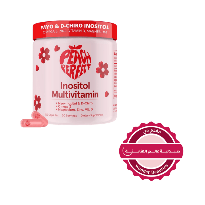 Peach Perfect Inositol Multivitamin with Myo-Inositol, D-Chiro Inositol, Omega 3, Magnesium, Zinc, and Vitamin D, 120 Capsules, 30 servings.