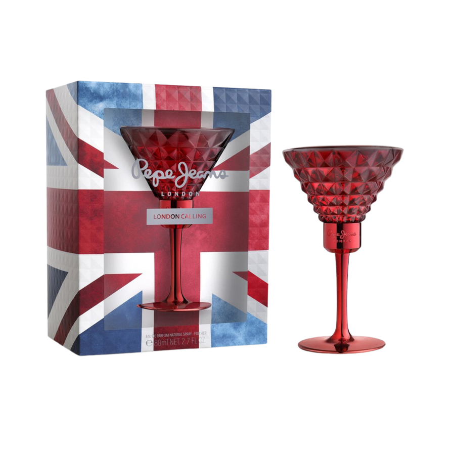 Pepe Jeans London Calling women’s Eau de Parfum, 80ml, red cocktail-glass bottle with Union Jack box