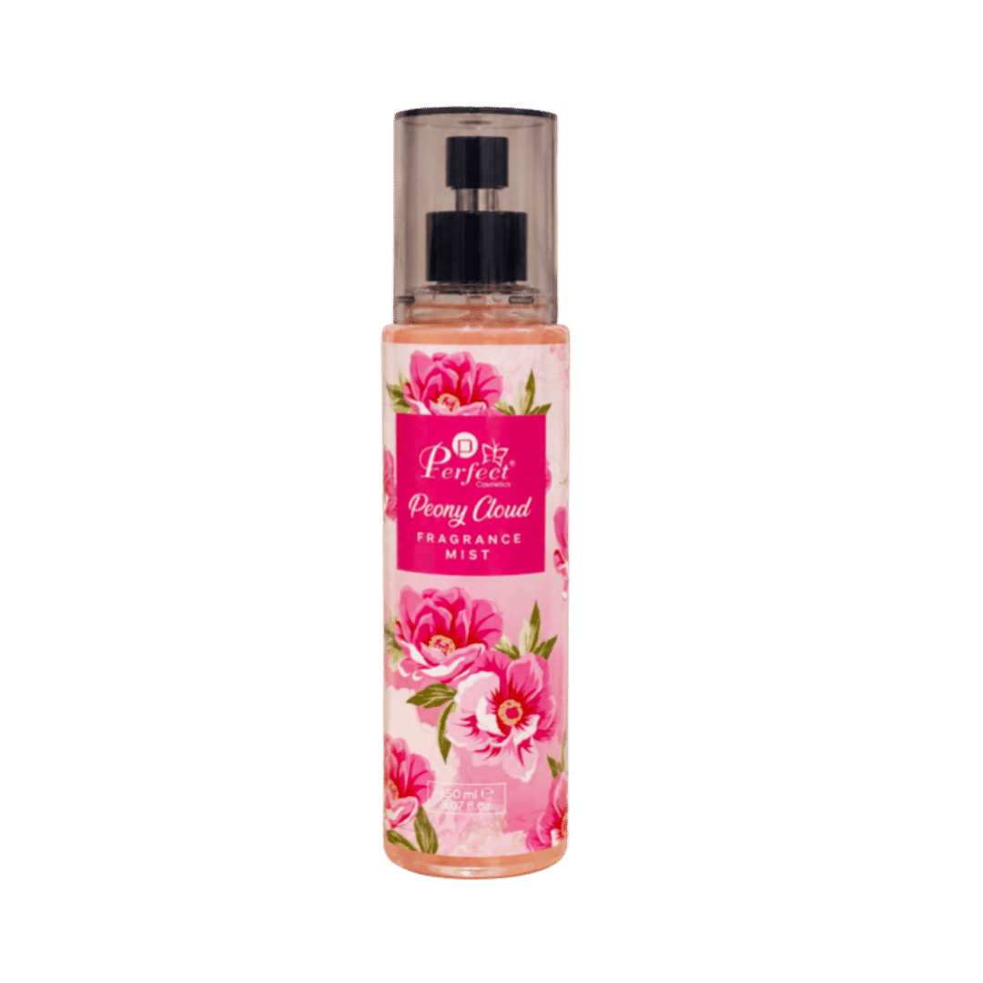 Perfect Cosmetics Peony Cloud fragrance mist body spray, 150ml transparent bottle with pink floral label.