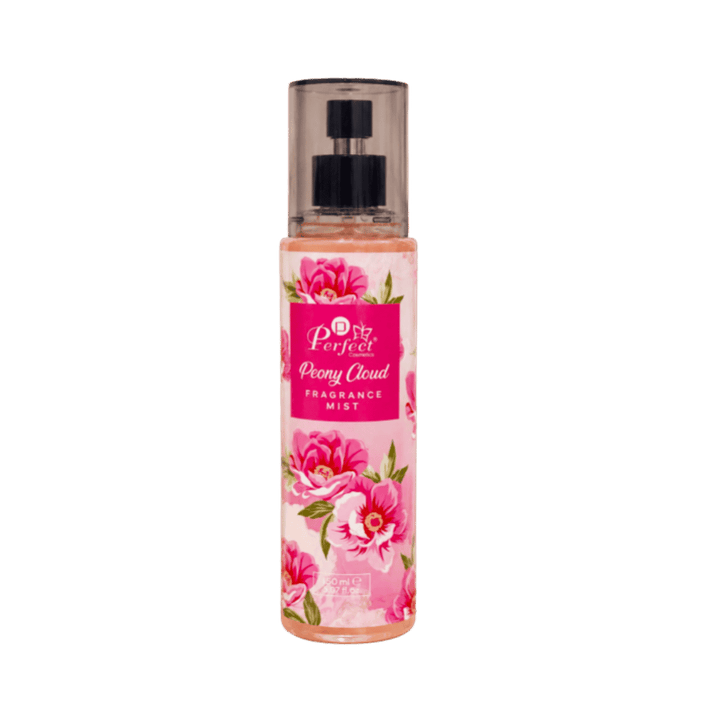 Perfect Cosmetics Peony Cloud fragrance mist body spray, 150ml transparent bottle with pink floral label.