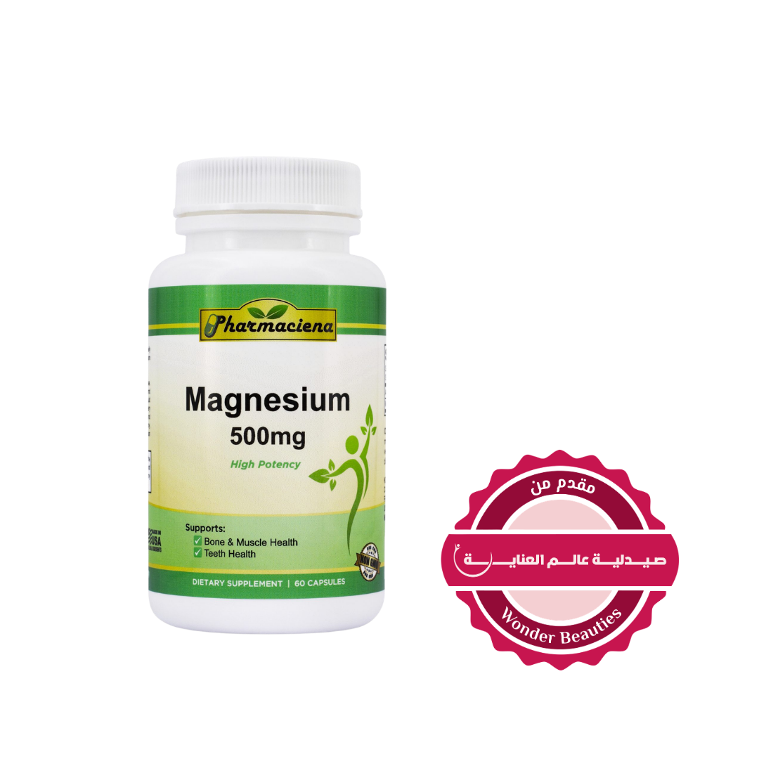 Pharmaciena Magnesium 500 mg supplement bottle, high potency, 60 capsules, white plastic container.