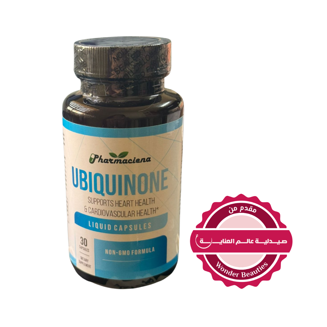 Pharmaciena ubiquinone liquid capsules bottle 30 count brown container with blue beige label text