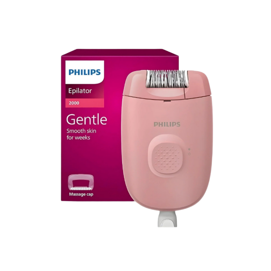 Philips Satinelle Essential epilator, pink device with massage cap, model 2000 for gentle hair removal