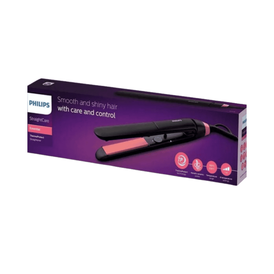 Philips StraightCare Essential Hair Straightener, with ThermoProtect technology for smooth and shiny hair, purple packaging.