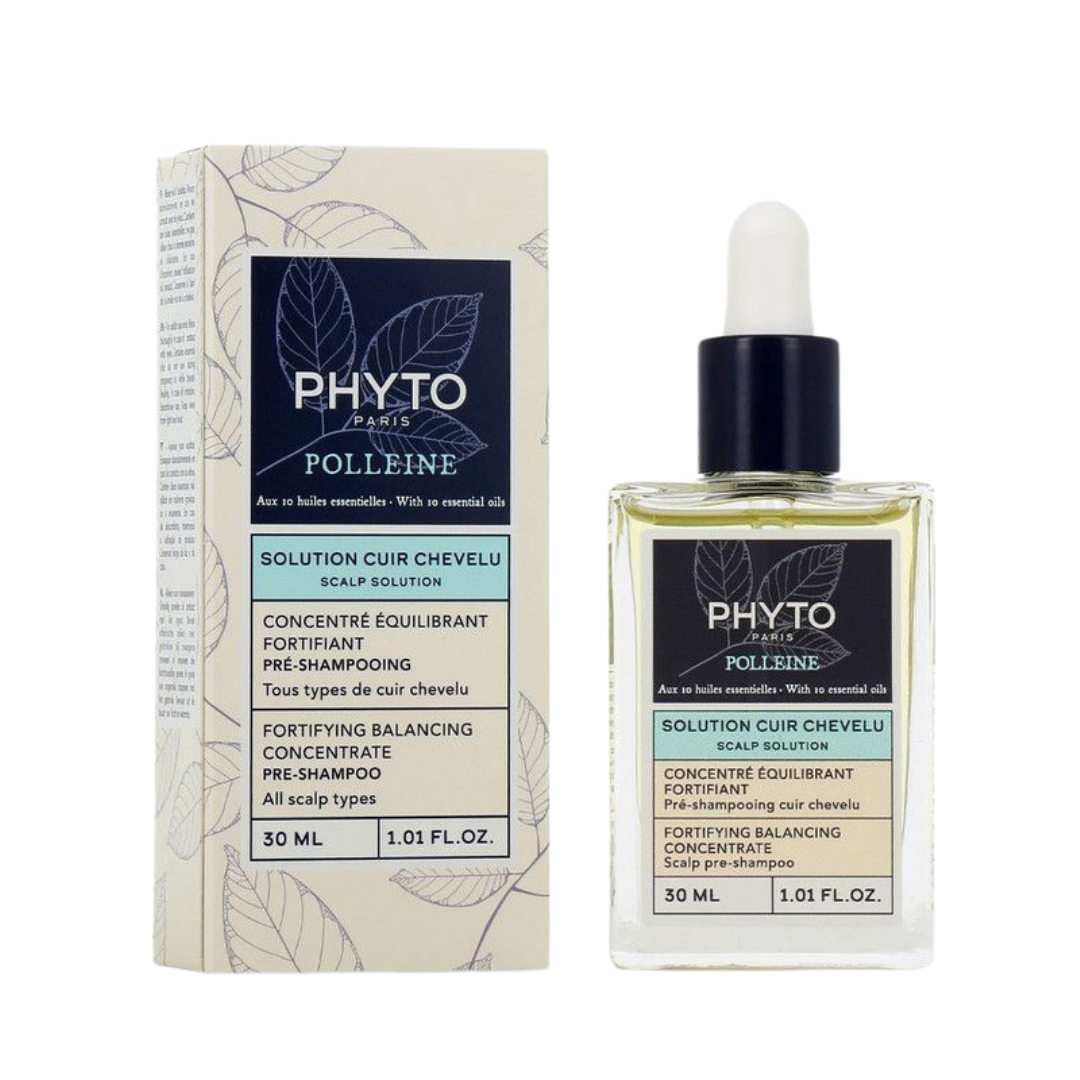 Phyto Polleine scalp solution, 30ml glass dropper bottle with matching boxed packaging.