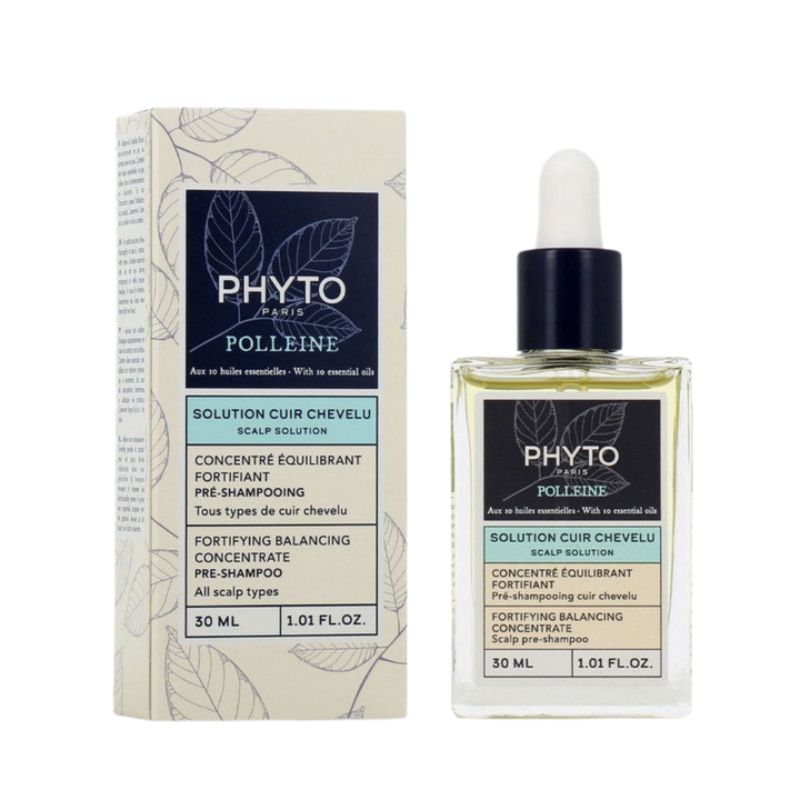 Phyto Polleine scalp solution, 30ml glass dropper bottle with matching boxed packaging.