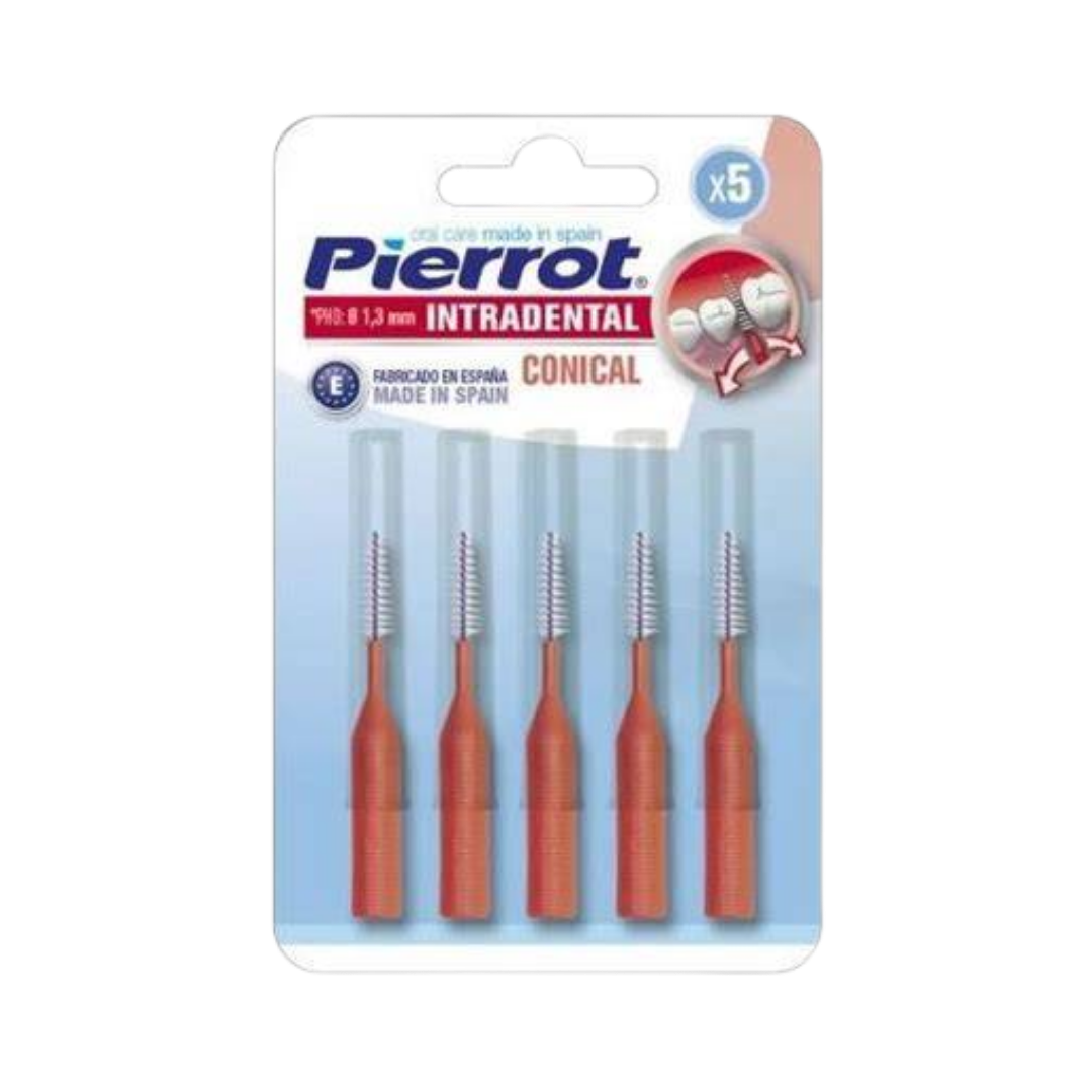 Pierrot Interdental Conical Brushes, 1.3 mm, pack of 5, with orange handles, in a transparent plastic packaging.
