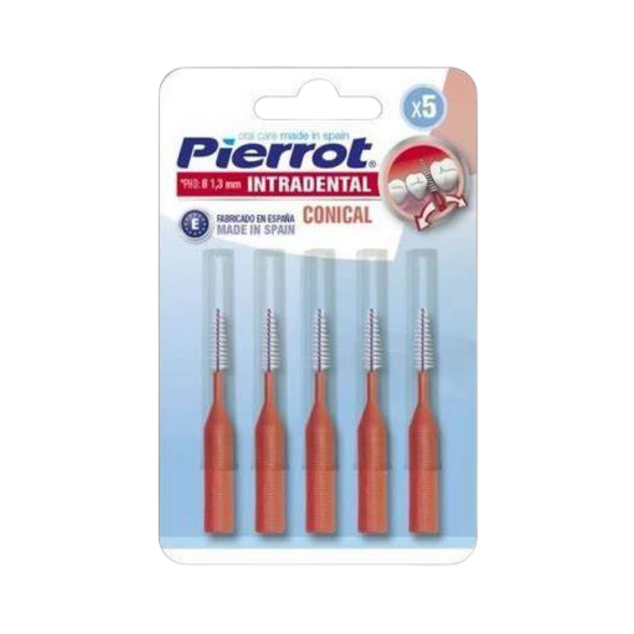 Pierrot Interdental Conical Brushes, 1.3 mm, pack of 5, with orange handles, in a transparent plastic packaging.
