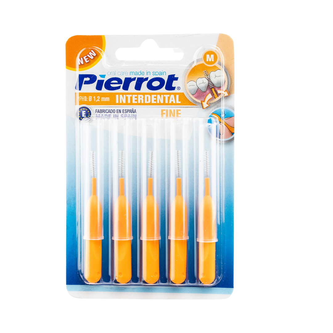 Pierrot interdental fine brushes M, pack of five, orange handles in clear blister packaging.