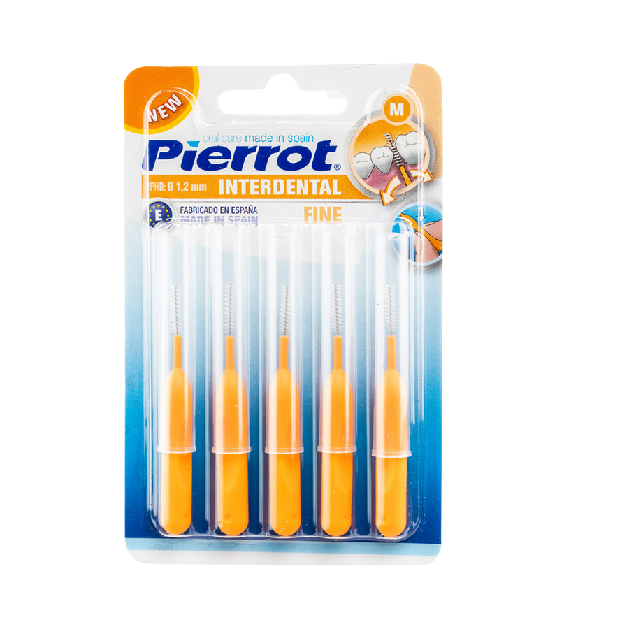Pierrot interdental fine brushes M, pack of five, orange handles in clear blister packaging.