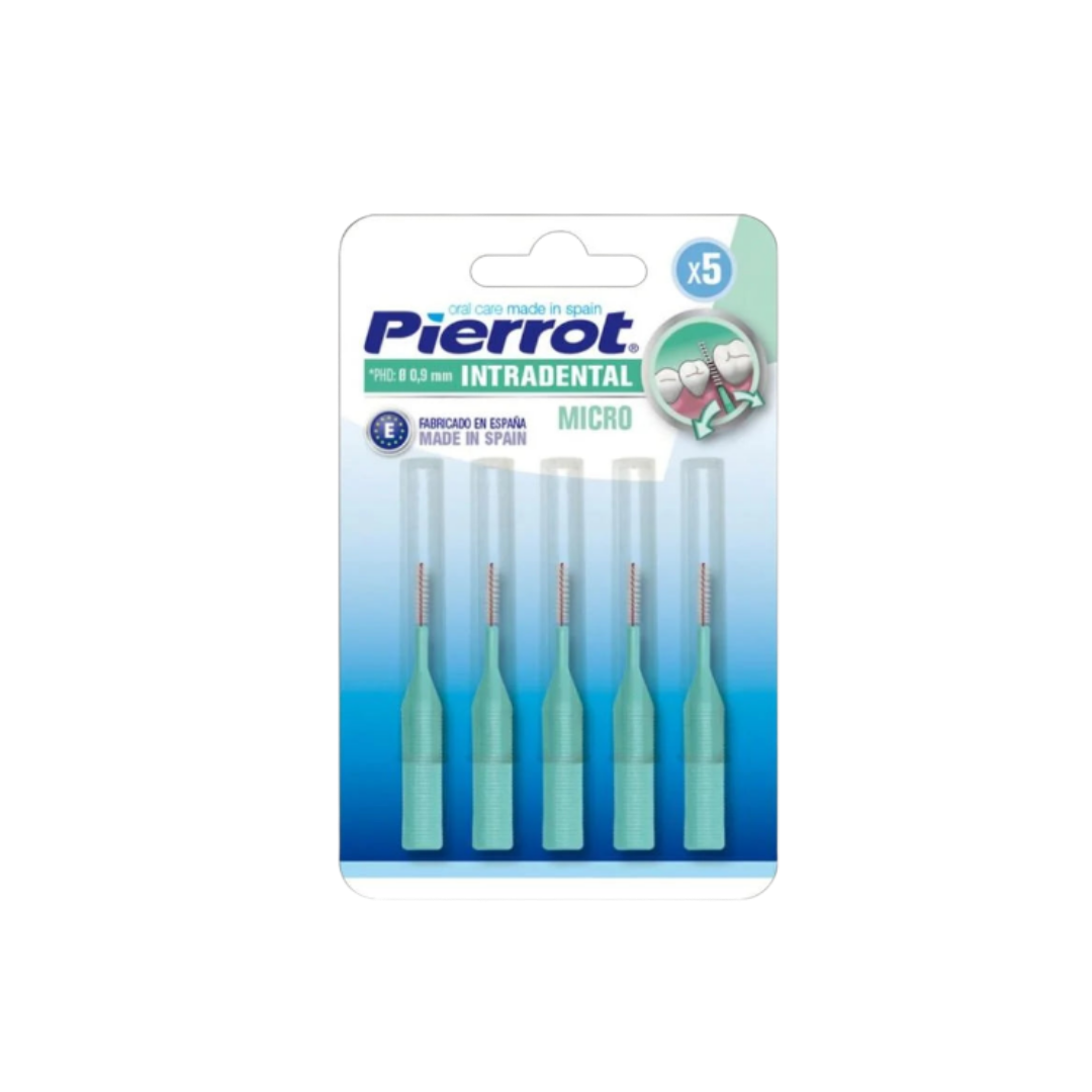 Pierrot interdental micro brushes pack, five pieces, green handles, Spanish oral care product.