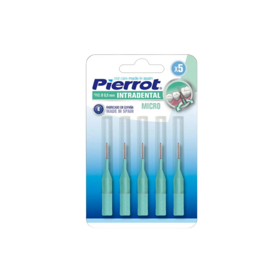 Pierrot interdental micro brushes pack, five pieces, green handles, Spanish oral care product.