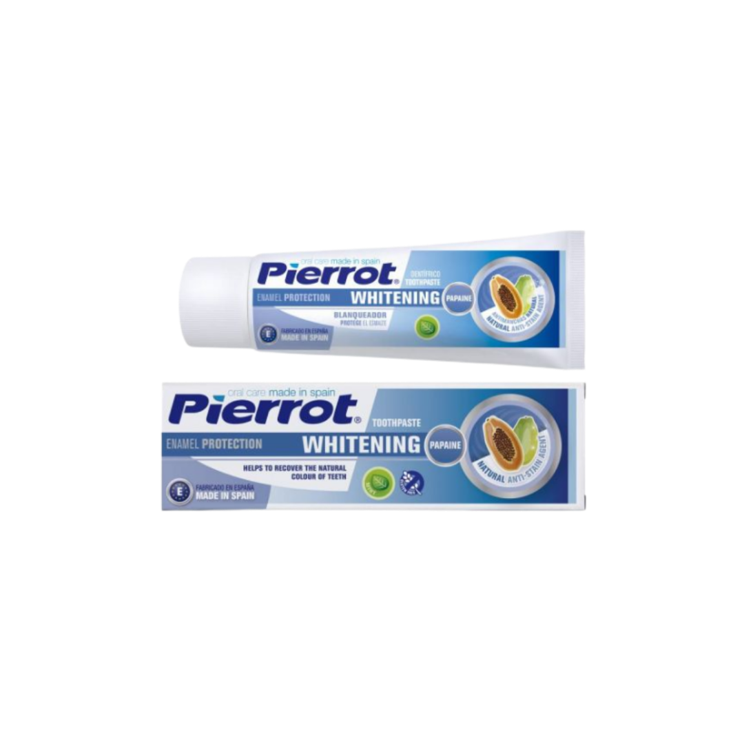 Pierrot Whitening toothpaste tube, enamel protection formula with papain, natural anti-stain ingredients, Spanish brand.