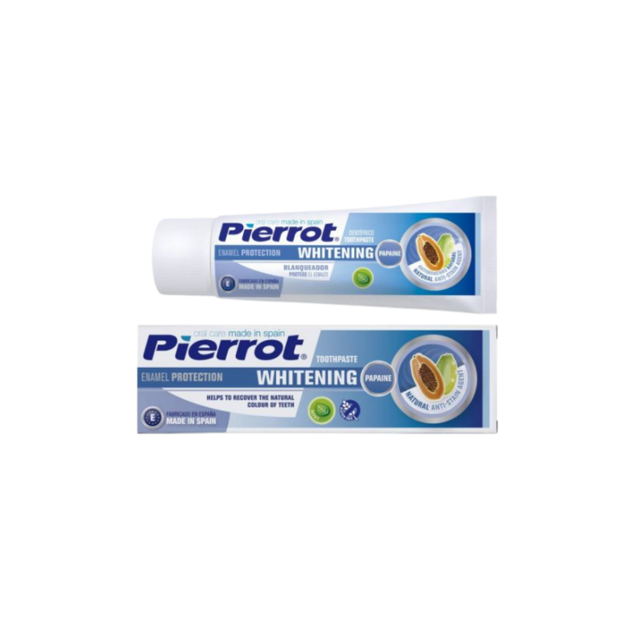 Pierrot Whitening toothpaste tube, enamel protection formula with papain, natural anti-stain ingredients, Spanish brand.