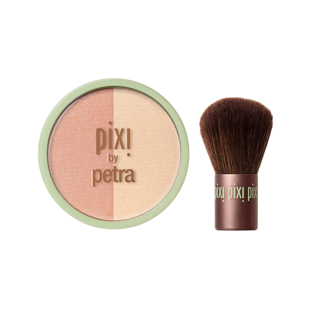 Pixi by Petra Blush Duo with kabuki brush, 10.2 g, round compact with green rim.
