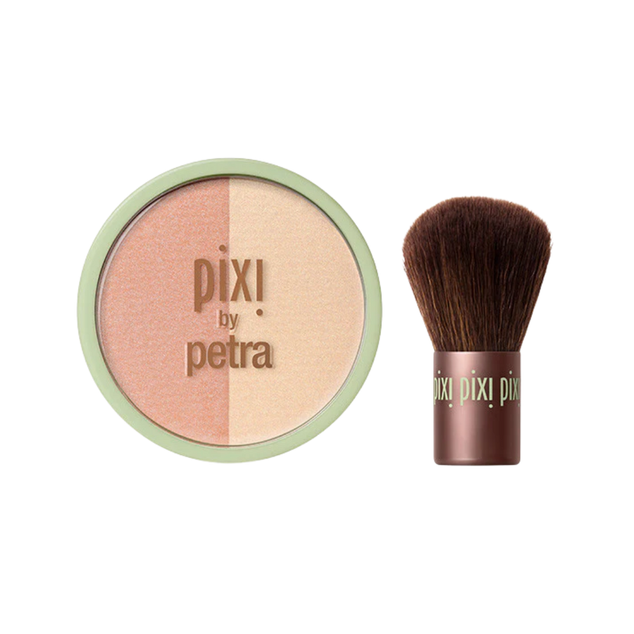 Pixi by Petra Blush Duo with kabuki brush, 10.2 g, round compact with green rim.
