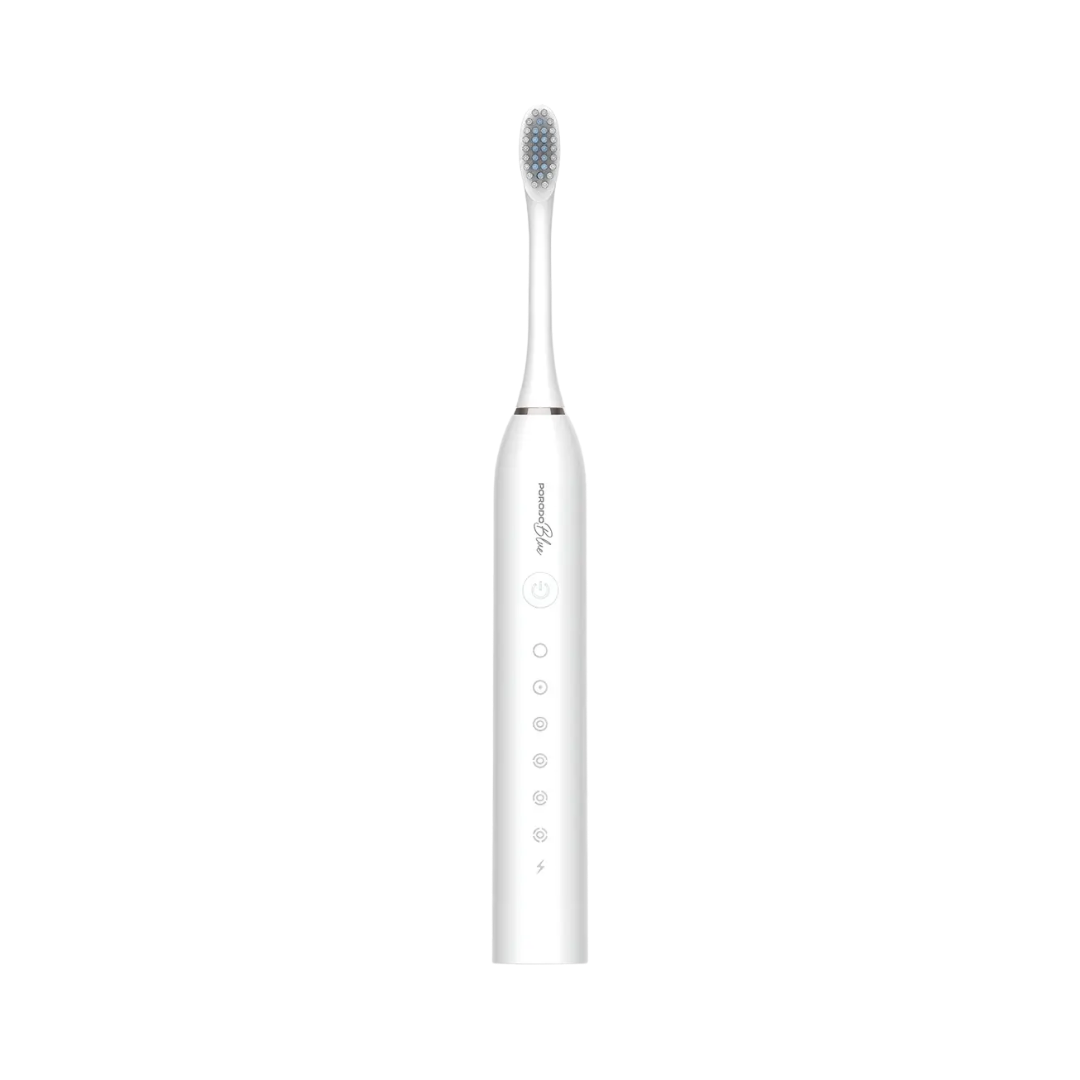Porodo Blue white electric toothbrush with slim handle, oval brush head, mode icons and power button