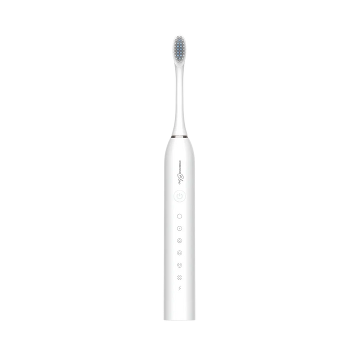 Porodo Blue white electric toothbrush with slim handle, oval brush head, mode icons and power button