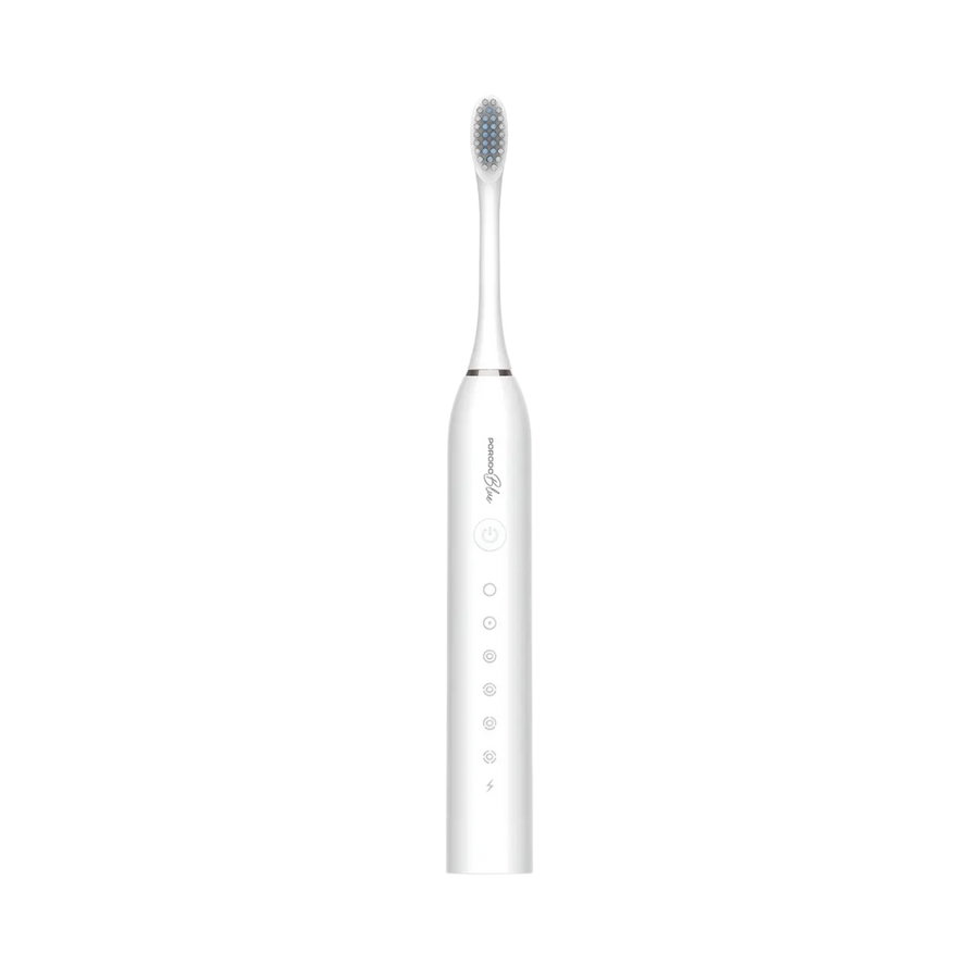 Porodo Blue white electric toothbrush with slim handle, oval brush head, mode icons and power button