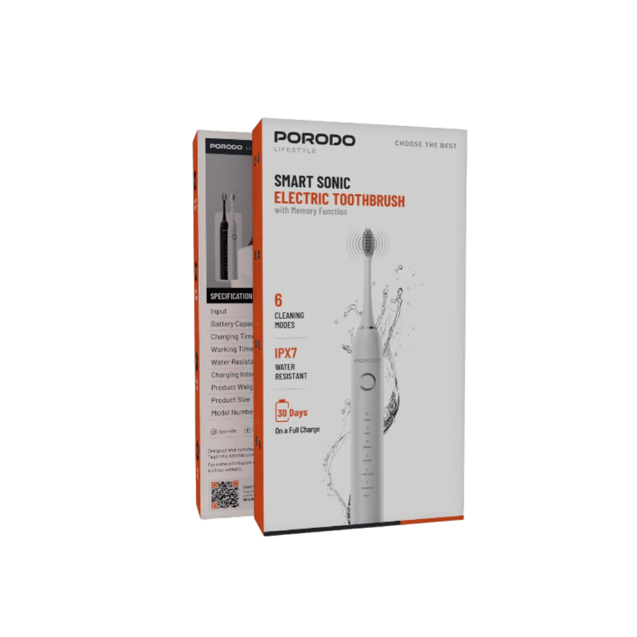 Porodo Lifestyle Smart Sonic Electric Toothbrush box with grey handle, orange accents, and specification panel