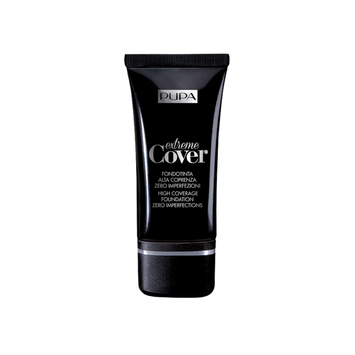 Pupa Extreme Cover high coverage foundation tube, black packaging, zero imperfections makeup product.