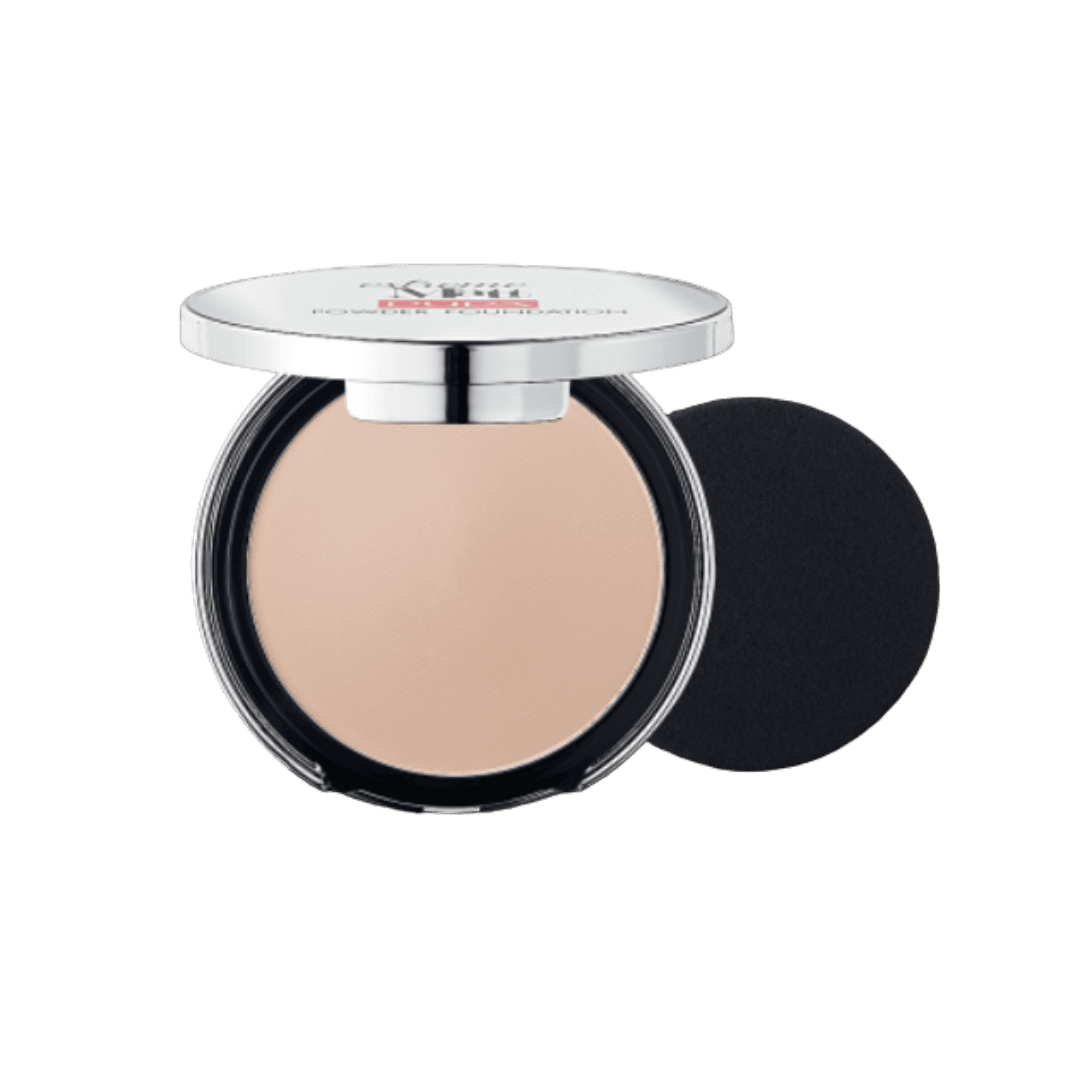 Pupa Extreme Matt compact powder, light beige shade, round case with mirror and black sponge applicator.
