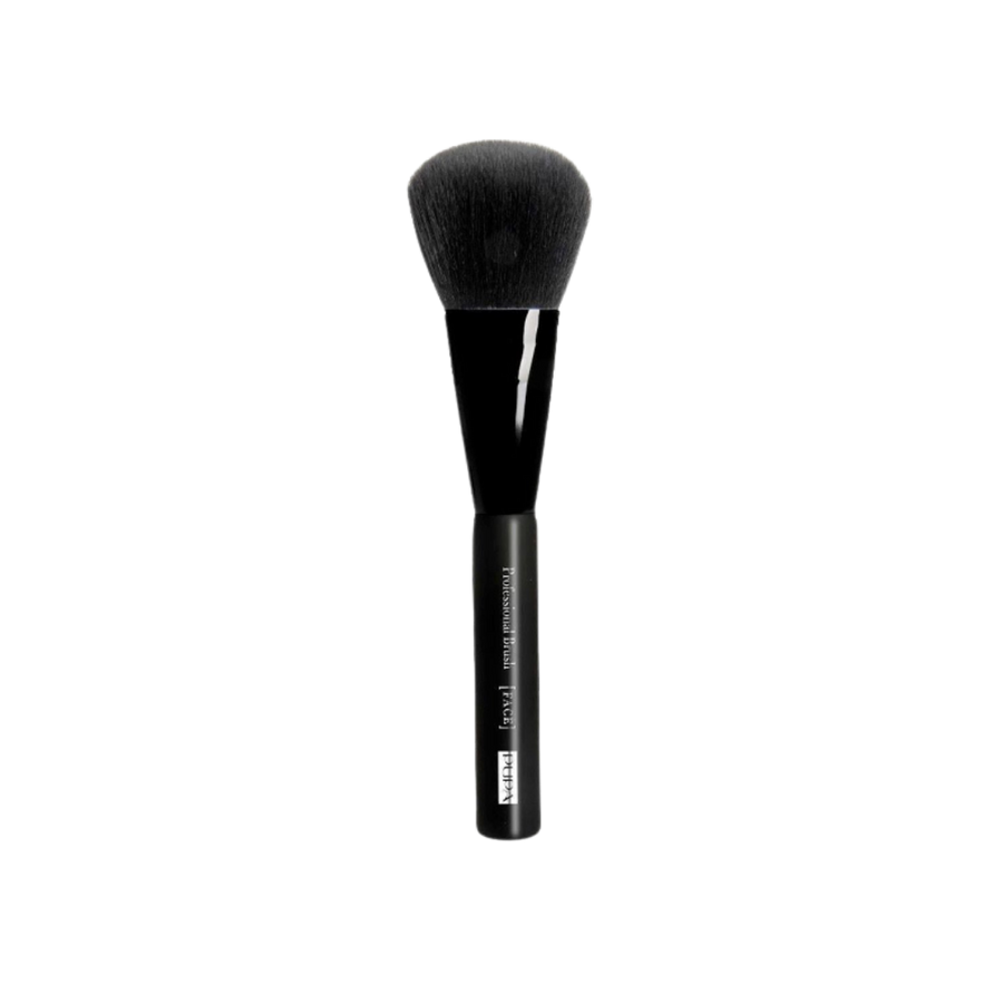 Black makeup powder brush with soft dense bristles, rounded head, glossy black handle professional cosmetic brush.