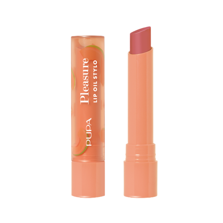 Pupa Pleasure Lip Oil Stylo, 2.5g, coral-orange tube with angled rosy-pink balm and printed cap