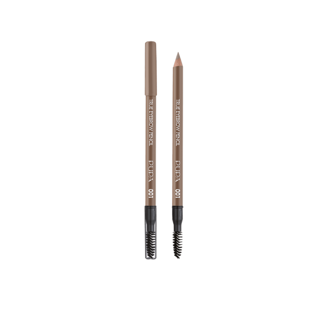 Pupa True Eyebrow Pencil 001, brown shade, dual-ended with spoolie brush and cap.