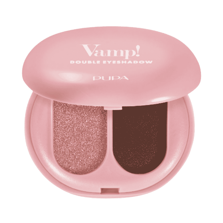 Pupa Milano Vamp Double Eyeshadow compact with pink shimmer and deep brown shades, 2.4g.