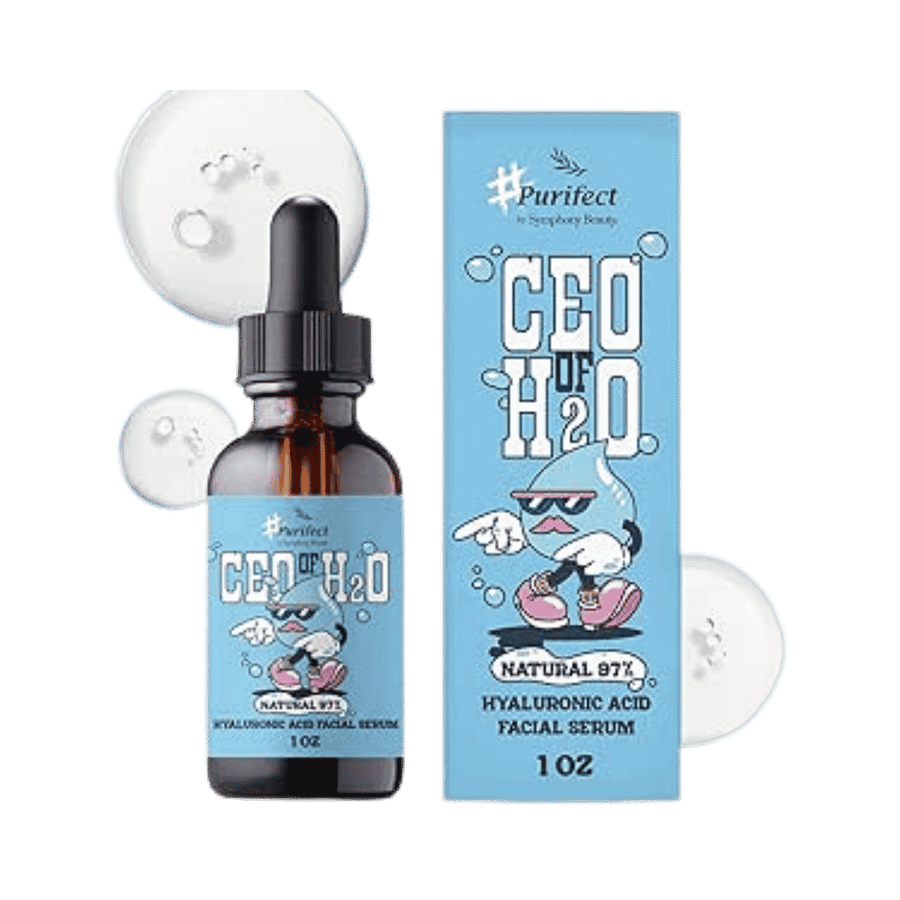 Purifect CEO H2O hyaluronic acid facial serum 1oz brown dropper bottle with blue box packaging