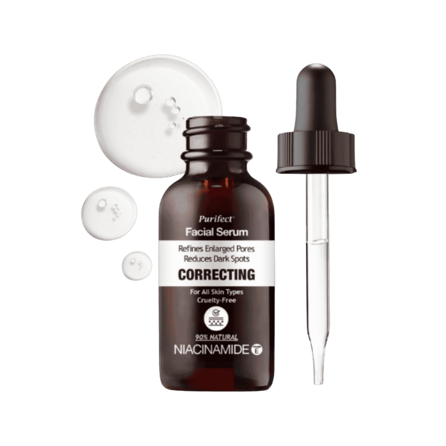 Purifect facial serum niacinamide correcting 90 percent natural brown glass bottle with dropper pipette