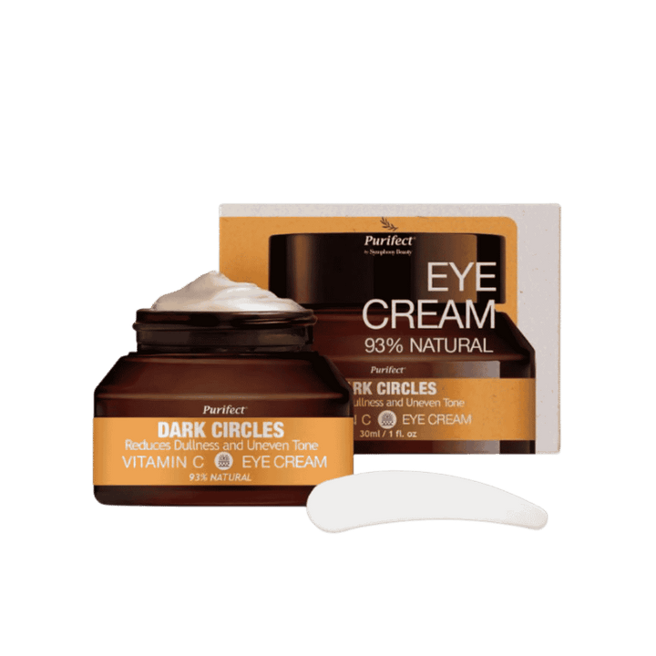 Purifect vitamin C eye cream 30ml jar with dark circles label brown container and box