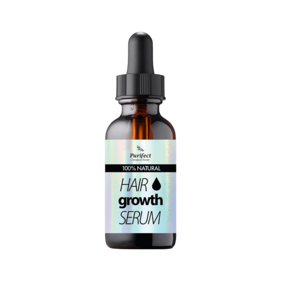 Purifect hair growth serum 30ml amber dropper bottle labeled 100% natural plant based product