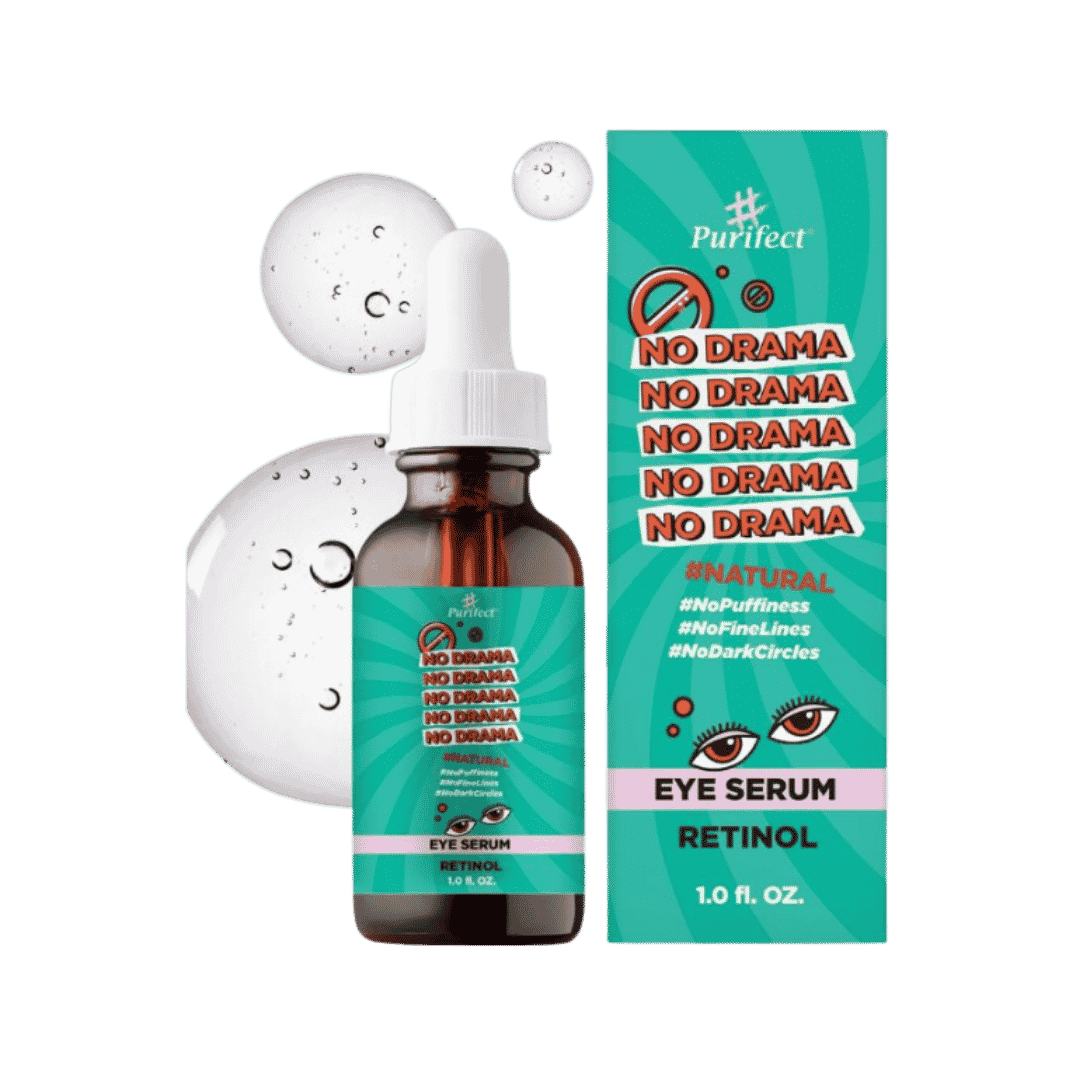 Purifect No Drama retinol eye serum 1oz brown dropper bottle with green box packaging