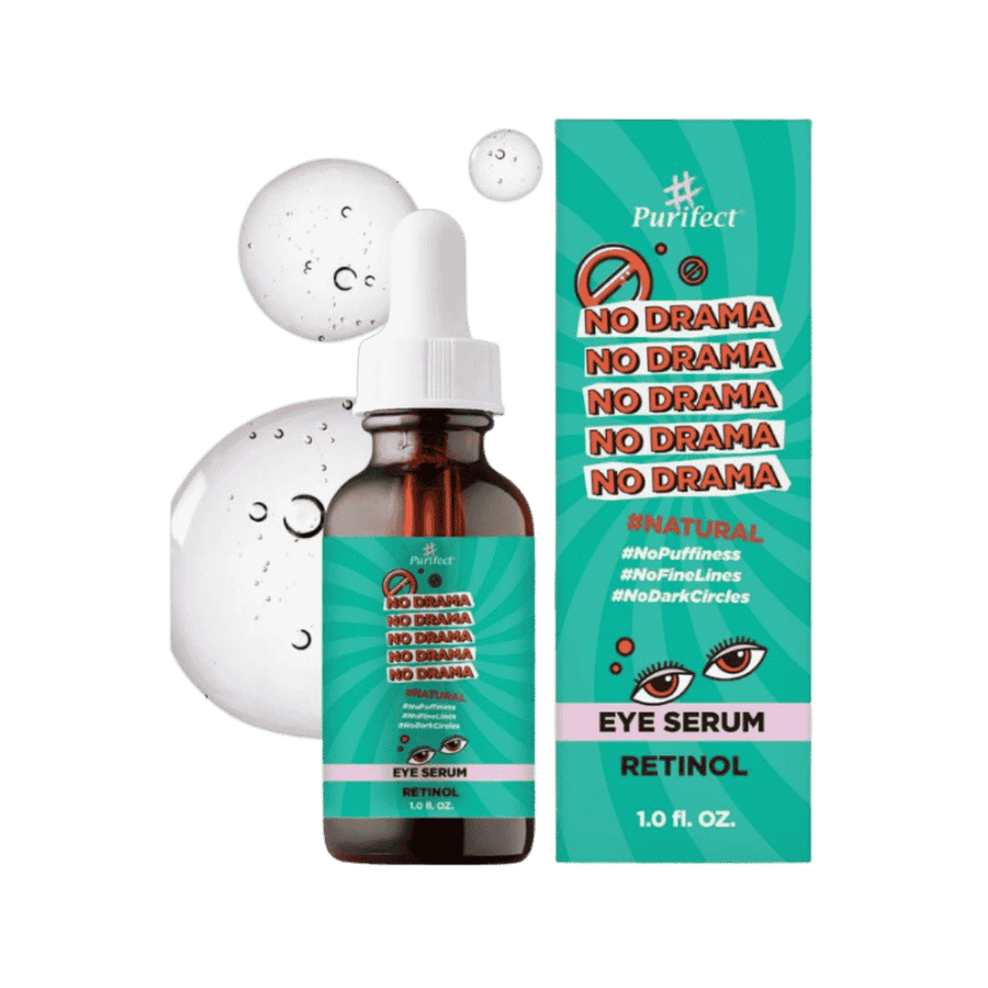Purifect No Drama retinol eye serum 1oz brown dropper bottle with green box packaging