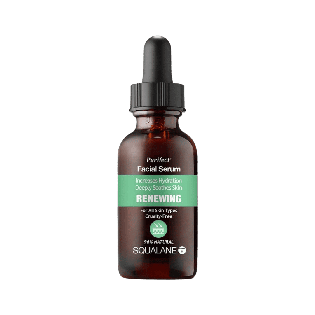 Purifect facial serum squalane vitamin E amber dropper bottle 30ml renewing label visible text