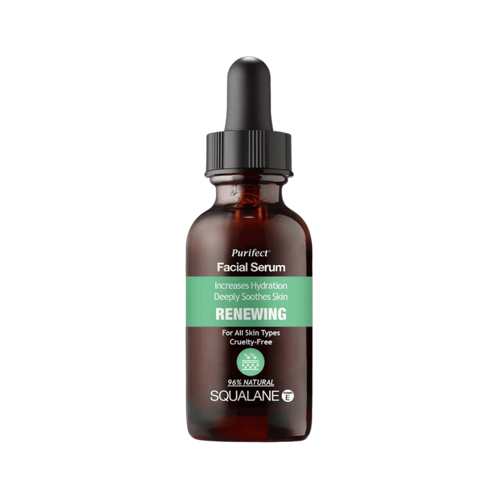 Purifect facial serum squalane vitamin E amber dropper bottle 30ml renewing label visible text
