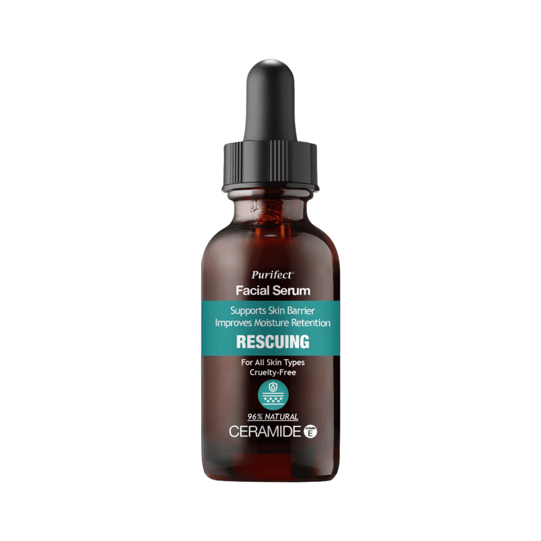 Purifect facial serum ceramide rescuing amber glass dropper bottle 30ml labeled skincare product