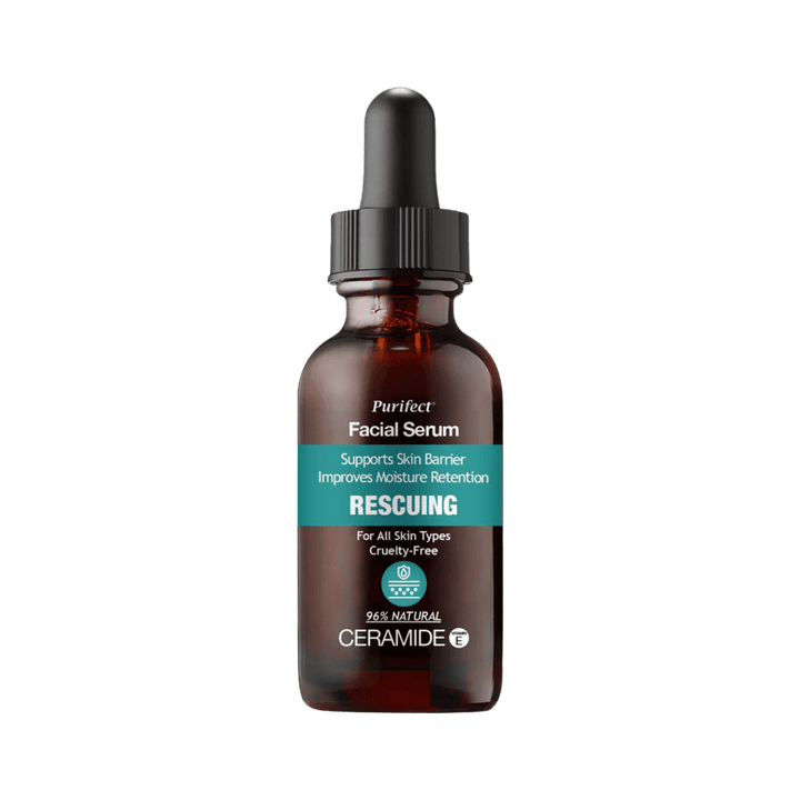 Purifect facial serum ceramide rescuing amber glass dropper bottle 30ml labeled skincare product